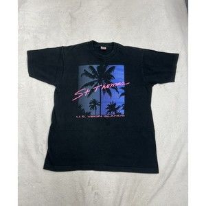 Vtg St. Thomas Virgin Islands Black Palm Tree Beach T-Shirt Single Stitch Size L